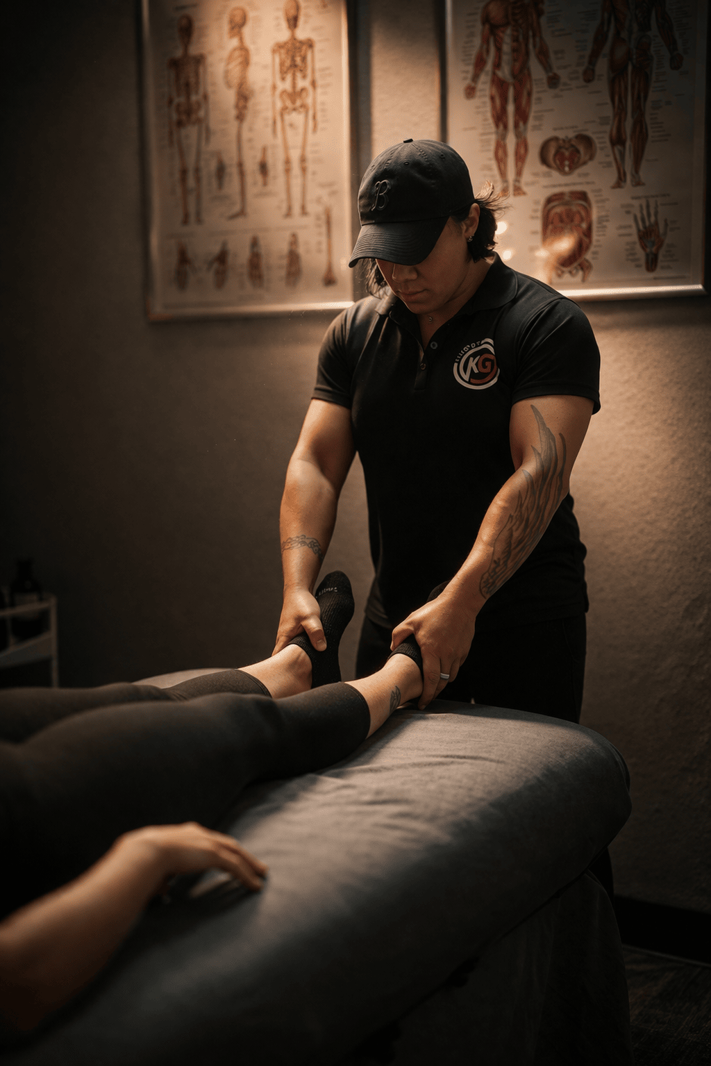 Karen Garrett realigning a client's feet